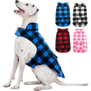 Kuoser Dog Winter Coat, Windproof Dog Fleece Jacket British Style Plaid Cold Weather Doggie Vest Coats, Reversible Cozy Warm Pet Clothes Apparel for Extra Large Size Dogs XXL (Blue)
