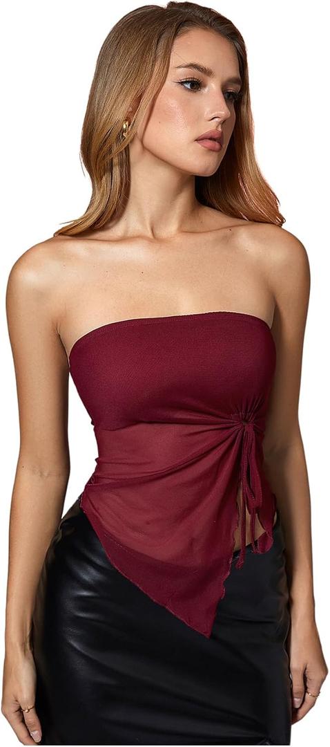 Women's 2 Packs Sheer Mesh Tube Top Drawstring Asymmetrical Hem Lettuce Trim Strapless Tops L