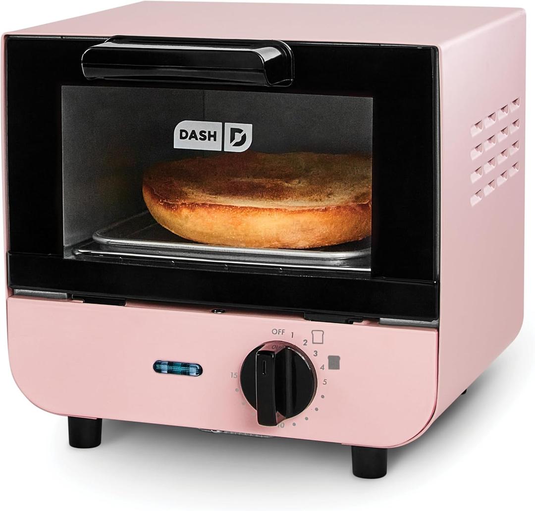 Dash Mini Toaster Oven - Sleek & Stylish - For Creative Homemade Treats - Compact, Space-Saving Design - adjustable temperature dial - Removable Baking Tray - Pink, + Auto Shut Off Feature