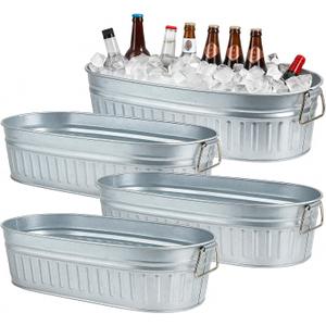 Lallisa 4 Pcs 5.3 gallons Galvanized Beverage Tub Galvanized Bucket Metal Ice and Drink Bucket with Handles Tub for Parties Farmhouse Home Pool Bar (Sliver) (EXP 12/31/36)
