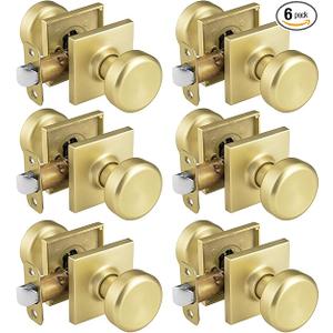 Brushed Gold Door Knobs with Square Rosette, Interior Do, 6 pcs