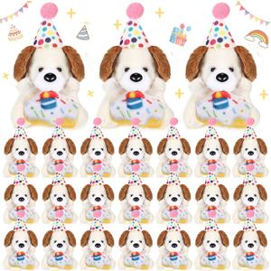 24 Pcs Birthday Small Stuffed Animal with Hat Mini Plush Toys for Student Classroom Reward Gifts Cute Soft Puppy Dog Toy Bulk Birthday Party Goodies Bag Fillers Party Decor