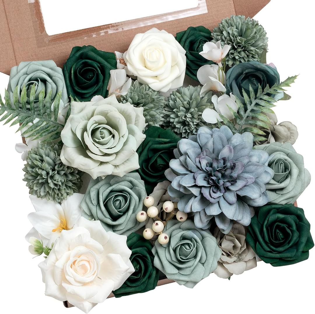 Green Flowers Artificial Roses Combo Set Fake Green Silk Flowers Faux Flowers Mix Dahlia Chrysanthemum with Stems for Wedding Bouquets Baby Bridal Shower Party St Patricks Day Decor (The Modern Classic)