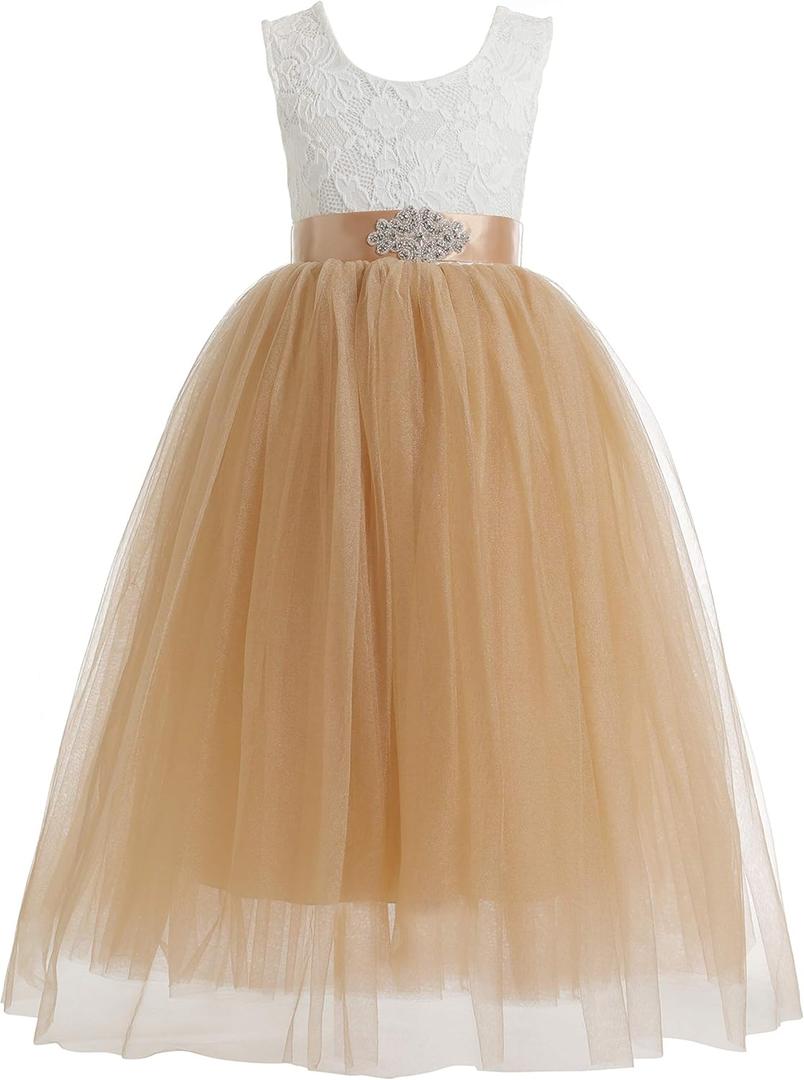 Glamulice Sleeveless Flower Girl Dress A-Line Straight Tutu Tulle Backless Princess Puffy Lace Dresses Fancy Party Gown (10-11 Years, Golden + Ivory)