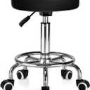 Rolling Stool PU Leather Round - Ultra Soft Padded Seat Cushion Stool with Wheels with Footrest, Weight Capacity 300lb,Adjustable Height Stool for Tattoo Massage Salon Medical Spa Center (Jet Black), Standard