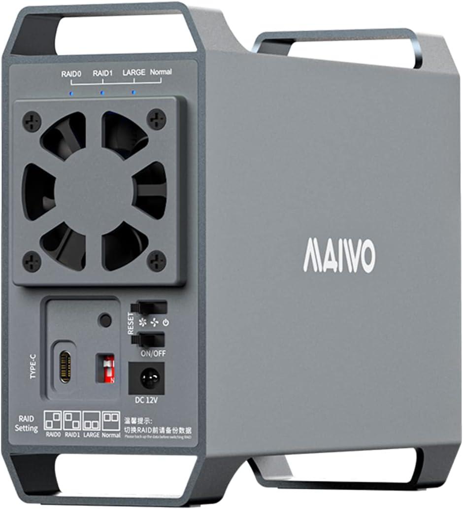 MAIWO Dual Bay RAID Enclosure for 2.5/3.5" SATA Drive with Cooling Fan, USB-C 3.1 SATAEnclosure for 48TB Capacity Expansion, 4 RAIDsMode(1/0/JBOD/NORMAL)