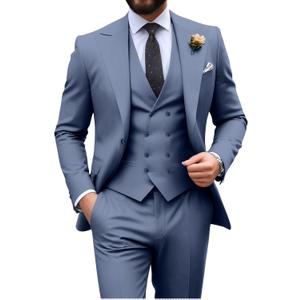 Mens Suit Slim Fit 3 Piece Double Breasted Suit Men Formal Tuxedo Set Casual Wedding Prom Groom Suits (Blue, XL)