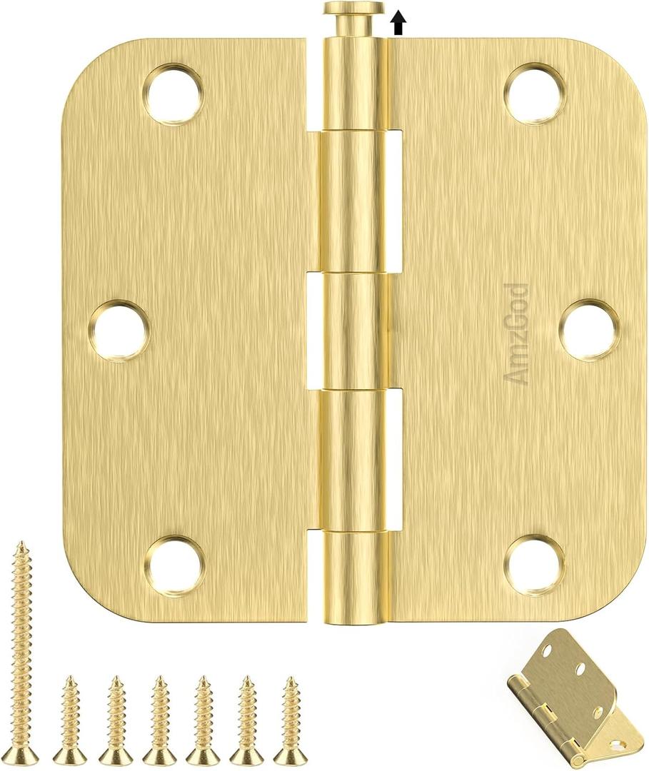 Door Hinges Satin Brass - 6 Pack Gold Door Hinges 3.5 Inch Rounded Interior Door Hinge with 5/8" Radius - 3 1/2 Inches Brushed Brass Hinges for Residential Standard Doors