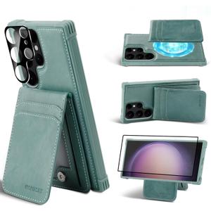 MONASAY Magwallet Case Fit for Samsung Galaxy S24 Ultra [Wireless Charging] [Lens & Glass Screen Protector Included] Flip Folio Magnetic Leather Phone Cover with Detachable Card Holder, Light Green
