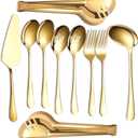Serving Utensils Set Gold 10-Piece - Stainless Steel Stunning Mirror-Finish, Lightweight, Dishwasher Safe - Includes Slotted Spoons, Forks, Tongs, Ladle, and Pie Server for buffet & parties