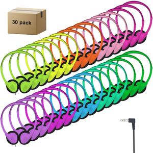 30 Pack Class Set Headphones for Kids Students School Classroom Bulk Earphones Adjustable with 3.5 mm Jack for Library Children Adults(004 Multi Color Headphones)