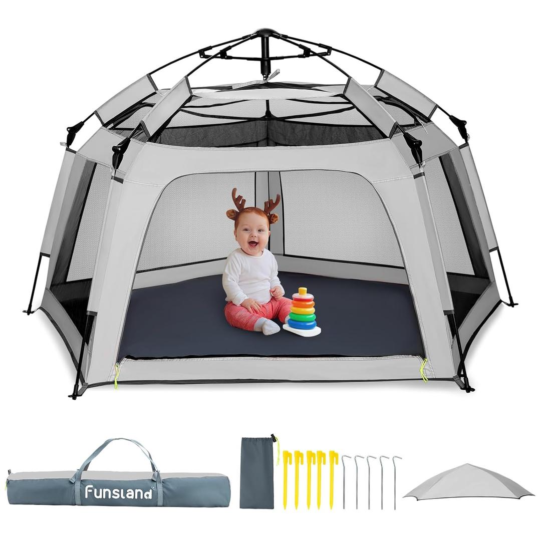 Baby Playpen Pop-up Tent - Outdoor & Indoor Play Tent for Beach with Canopy Travel Bag Portable Play Yard for Babies & Toddlers (Gray) (Grey)