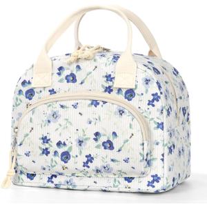 TESAFNG Lunch Bag - Insulated Lunch Box for Women, Reusable Large Capacity Cooler Bag for Adult, Small Leakproof Cute Corduroy Lunch Tote for Work Office Travel Picnic (Blue Flower)