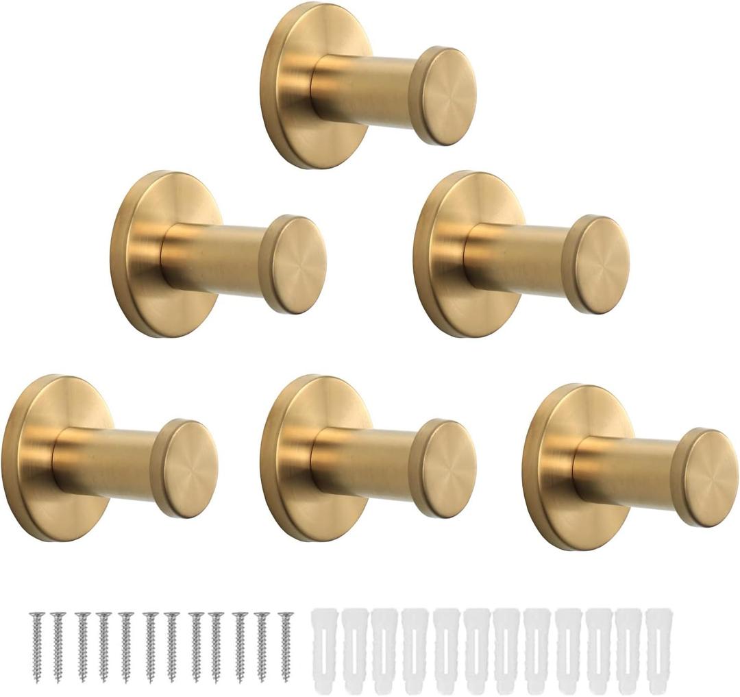 Bath Towel Hooks, 6 Pack Round Coat Hooks, Sturdy Wall Mounted Robe Hook, SUS 304 Stainless Steel Heavy Duty Clothes Hanger, Wall Towel Hooks for Bathroom Bedroom Kitchen (2 in, Gold)