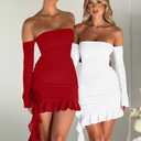 GOKATOSAU Women's Off The Shoulder Long Sleeve 3D Flower Ruffle Hem Bodycon Party Mini Dress White (Small, White)