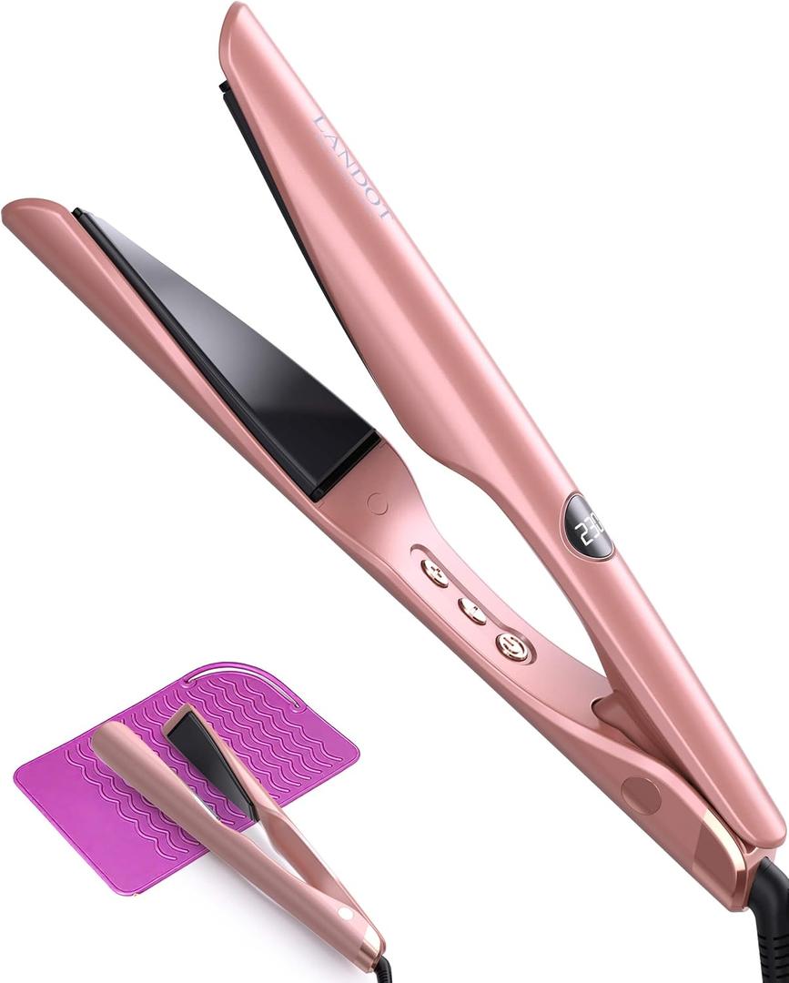 LANDOT Hair Straightener and Curler 2 in 1  Twist Ceramic Flat Curling Iron for Straighten & Curl Hair, Dual Voltage, Fast Heat Up, 12 Adjustable Temps 250-450 Fit All Hair Types, Rose Gold