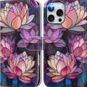 DEENAKIN for iPhone 16 Pro Max Wallet Case with Card Holder + Cash Clip, RFID-Blocking, Military-Grade Drop Protection & UV-Printed Artwork, Magnetic Closure with Leather Kickstand - Blooming Lotus