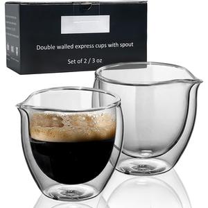 Double Walled Glasses Espresso Cups with Spouts set of 2, 3oz Clear Short Espresso Mugs, Insulated and No Condensation