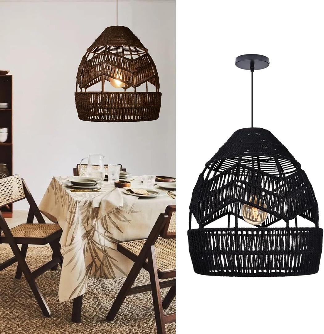 Arturesthome Black Chandelier Metal Hemp Rope Wicker Pendant Lights, Retro Home Hanging Ceiling Lighting Lamp Bedroom Kitchen Cafe Bar, Black 