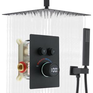Digital Display Shower System Set 16 Inches Rain Fall Head Temperature Valve Shower Handheld Shower Head Sets for Bathroom Concealed Installation (Matte Black)