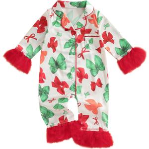 FULA-bao Newborn Baby Girl Christmas Silk Pajamas Feather Trim Long Sleeve Button Up Candy Cane Santa Bow Satin Pjs (0-3 Months)