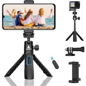 Ailight 11.2" Mini Tripod for iPhone, Portable Extendable Travel Selfie Stick with Wireless Remote, Upgraded Phone Clip Holder & Action Camera Adapter for Cell Phone/Camera (Matte Black)