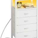 Kitstorack White Night Stand with Charger Station & LED Light, Narrow Tall Dresser with 4 Fabric Drawers, Small Dresser with Shelves for Bedroom, Bedside Table for Tight Spaces
