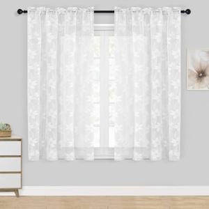 DWCN White Short Sheer Curtains for Kitchen - Floral Lace Design Rod Pocket Window Voile Sheer Drapes for Living Room Kitchen Short Curtains 42 x 45 inch Length, Set of 2, White
