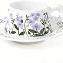 Cute Ceramic Coffee Mug and Saucer Set for Women, Spring Floral Embossed Design, 9.5oz/280ml, Perfect for Home, Office & Holiday Gifts (White Purple Orchid)