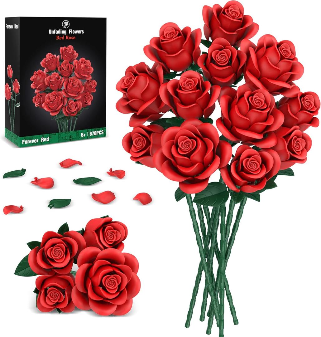 Red Roses Flower Bouquet Building Sets, 670Pcs Artificial Flowers Building Blocks Compatible with Lego Flowers Valentines Day Gifts for Her/Mom/Girlfriend/Wife/Couple Romantic Table Home Decor