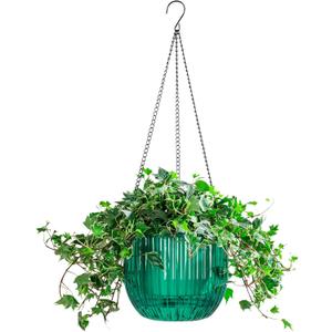 Melphoe 1 Pack Self Watering Hanging Planters Indoor Flower Pots, 8.3 Inch Outdoor Hanging Plant Pot Basket, Plant Hanger with 3Hooks Drainage Holes for Garden Home (Emerald)