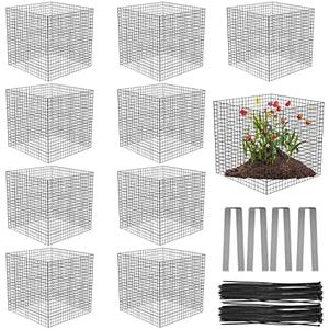 10 Pack Wire Plant Protectors Square Wire Plant Cages Mesh Plant Cage Chicken Wire Cloche with 40 Ground Stakes and 200 Nylon Ties Protect Plants, Garden,Shrubs and Vegetables from Animals, 12x12 inch
