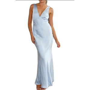 Gmeitoey Summer Satin Formal V Neck Backless Maxi Dress, Baby Blue, Small