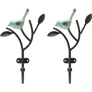 SOFFEE DESIGN 2 Packs Coat Hooks Wall-Mounted Hanging Metal Rack, Heavy Duty Tree Branch & Birds Key Holder, Vintage Farmhouse Coat Hooks for Towels, Hats, Scarves - Light Green