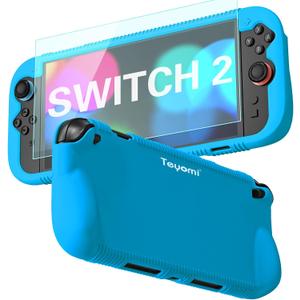 Protective Silicone Case Compatible with Nintendo Switch 2, Shockproof Cover for Nintendo Switch 2 with Tempered Glass Screen Protector,Ergonomic Grip Case for Switch 2,2 Game Card Slots (Blue)
