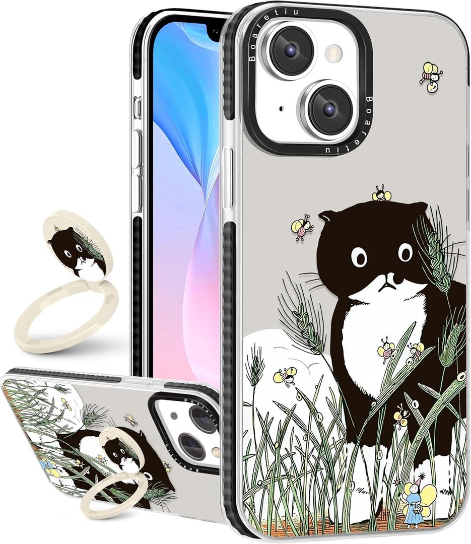 Boaretiu Cute Kawaii for iPhone 13 Case with Stand - Fashion Cool 360 Rotate Ring Holder Kickstand Black Cat Bee Design for Women Girls Boys Teens Girly for iPhone 13 Phone Case