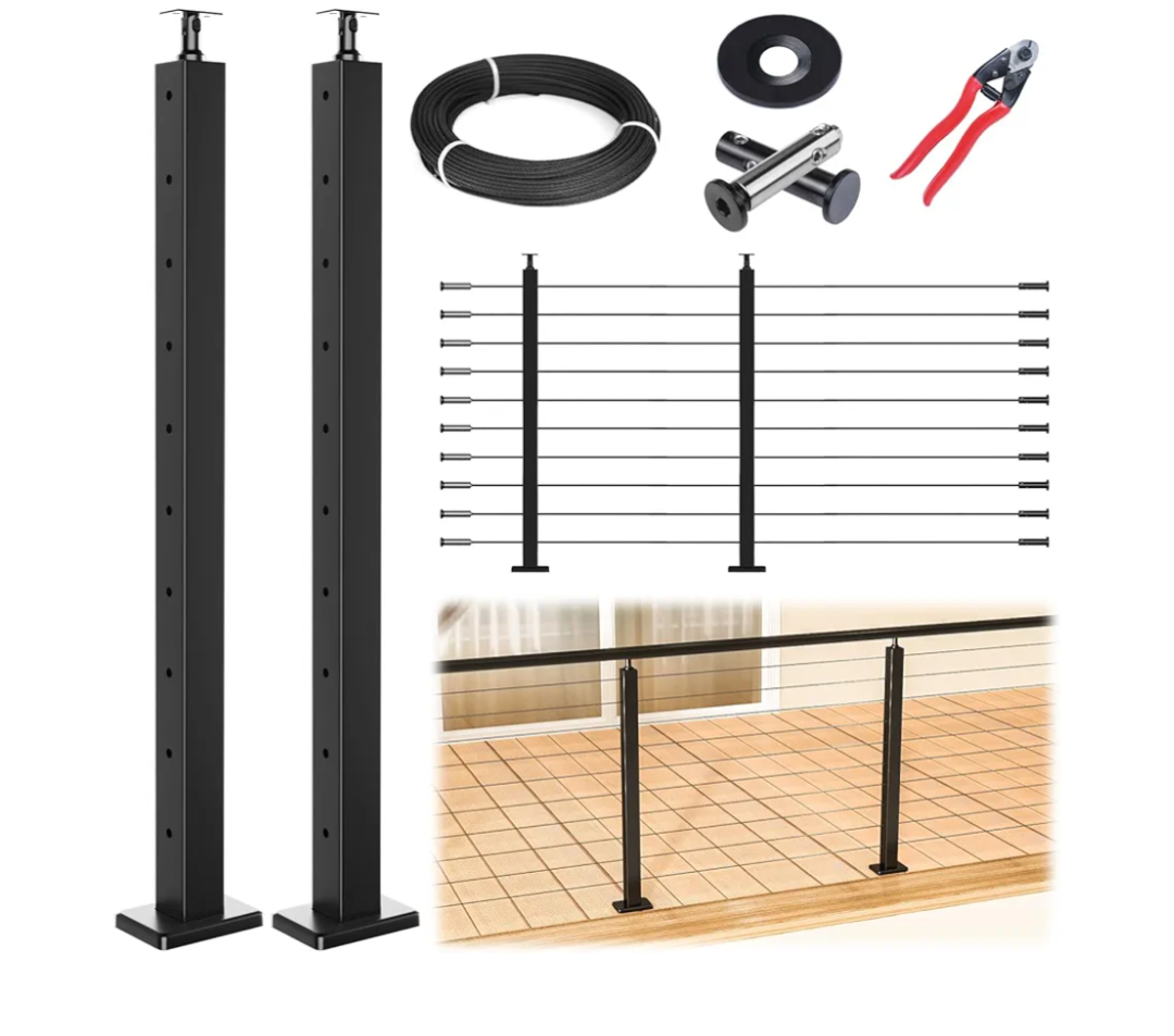 Muzata 5-10FT Modular Black Cable Railing Kit 36 Inch 2 Level Post Kit Complete Set Cable Railing System for Decks Length Adjustable Easy DIY with Paper User Guide (No Handrail) RWS1 BH4S