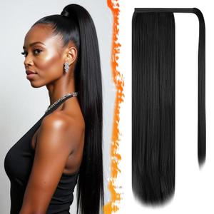 BARSDAR Black Straight Wrap Ponytail Extension - 30 Inch Long Straight Wrap Around Ponytail for Black Women, Clip in Ponytails Hair Extensions Synthetic Pony Tails Hairpieces Daily
