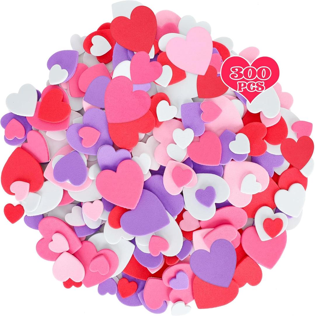 300 PCS Valentines Heart Stickers, Foam Stickers, Matte Valentines Crafts, Self-Adhesive Heart Foam Stickers 5 Colors Valentine Foam Adults Valentine's Presents (Multicolor1)