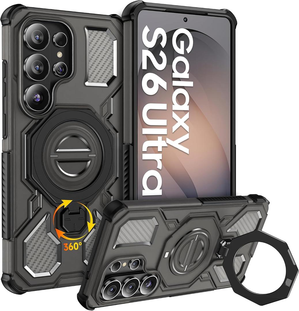 for Samsung Galaxy S26 Ultra Case, [360 Spin Magnetic Stand] [Compatible with MagSafe], Military Grade Protective S26 Ultra Case with Kickstand & Ring Holder, Translucent Black