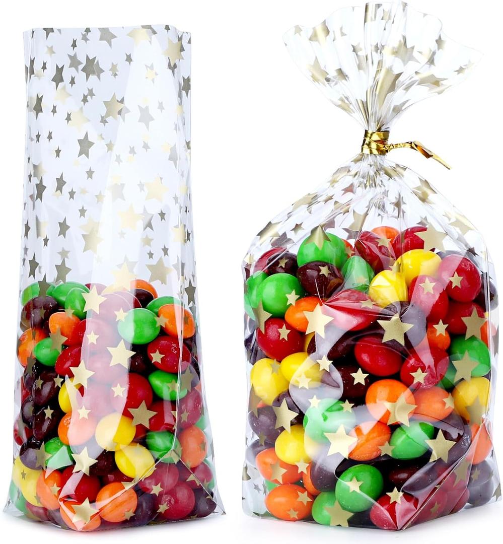 2 x 100pcs 4x6 inch Clear Cellophane Gift Bags - Gold Star Printed, Bottom Gusset, Perfect for Party Favors & Treats, Includes 5" Twist Ties