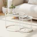 Garden 4 you Nesting Coffee Table, 23.6" Round Coffee Table Set of 2, Glass Nesting Table with Metal Frame, Ceter Tables for Living Room Bedroom Balcony, White, 23.6" x 23.6" x 19.7"