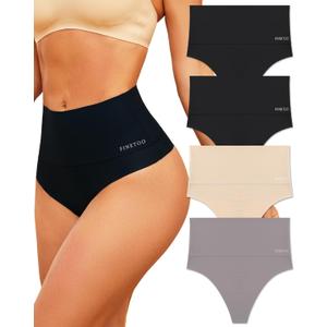 FINETOO Women Underwear High Waisted Thongs Tummy Control Seamless Thongs Shapewear No Show Panties 4 Pack M