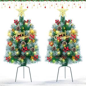 2 Pack 2.7FT Prelit Outdoor Christmas Trees,Pathway Artificial Small Xmas Tree Battery Operated with Lights,8 Modes, Outside Xmas Urn Filler Decorations with Pine Cones for Porch Yard Front Door