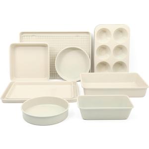 Martha Stewart Gallen 10 Piece Baking Pans Ceramic PFA Free Non Toxic Non Stick Bakeware Set - Linen White