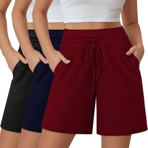 Neer 3 Pack Women's Bermuda Shorts, Knee Length Wide High Waisted Cotton Drawstring Casual Athletic Shorts with Pockets (Black, Navy Blue, Burgundy, Small)