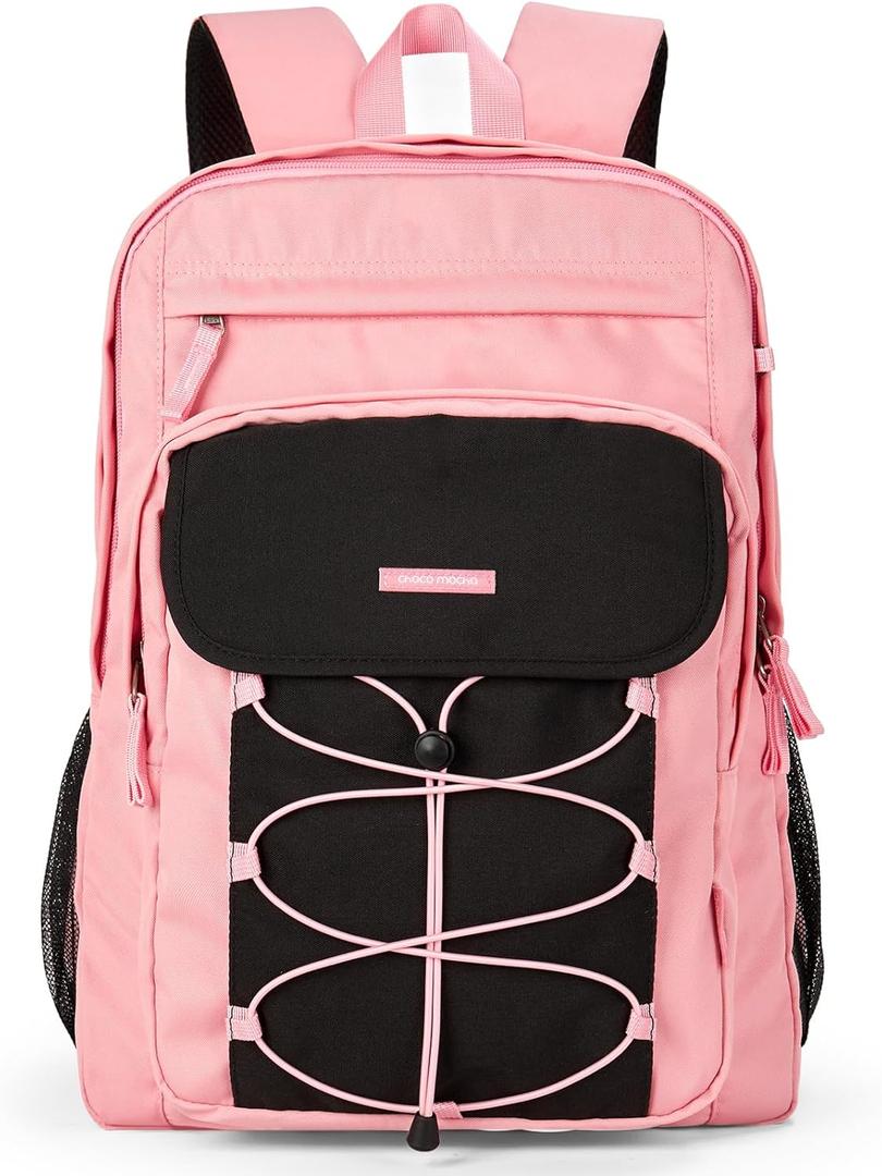 Choco Mocha Pink Backpack for Girls, Travel School Backpack for Teen Girls Large Bookbag for Middle Elementary School 18 Inch, Black Pink (Thickened version (exclusive laptop compartment))