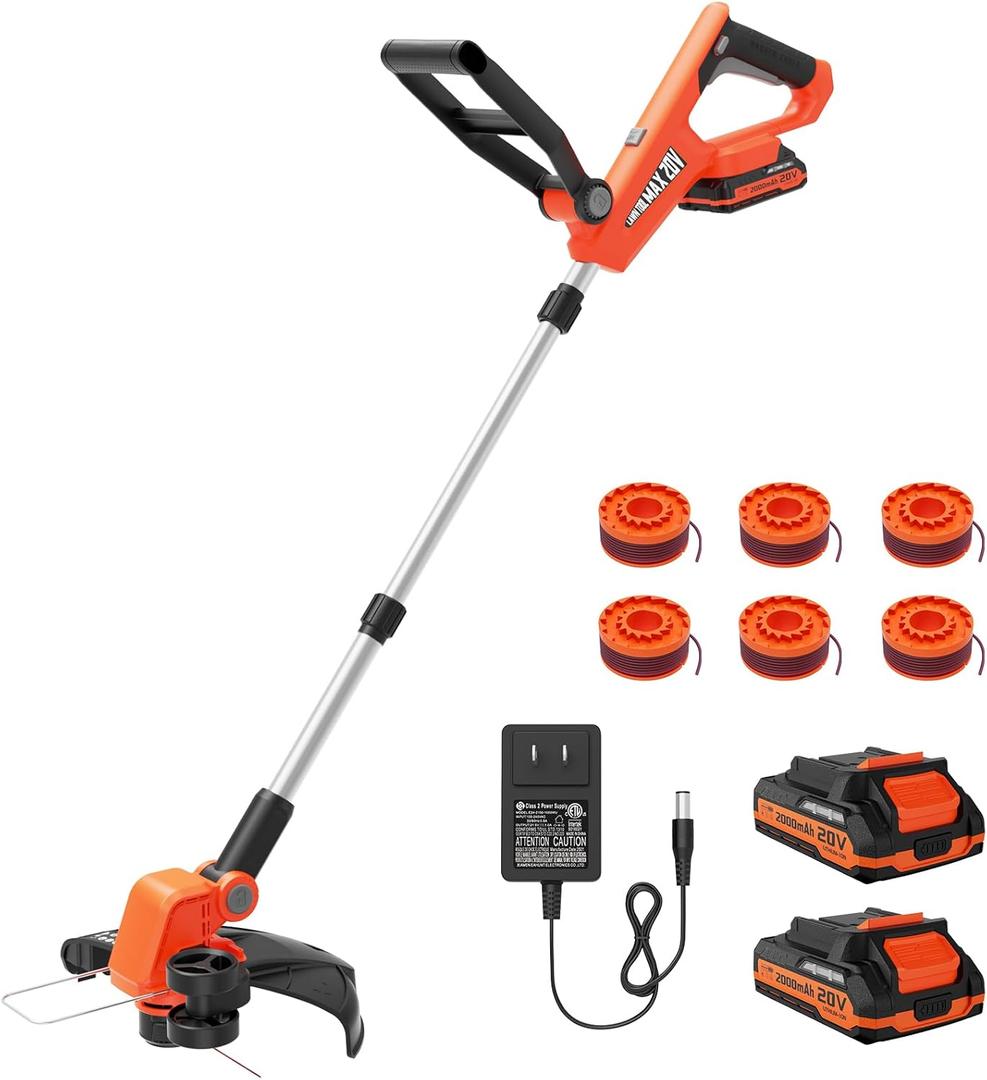 VARSK 20V 12" Cordless String Trimmer, 2 in 1 Trimmer and Edger with Auto Line Feed, 2 X 2.0Ah Batteries/1 X Fast Charger/6 X Bonus Spools Included, for Lawn, Garden, Yard, etc (Orange)