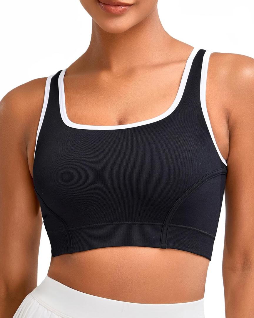 RUNNING GIRL Sports Bras for Women High Support,Seamless Ribbed Longline High Neck Sports Bra Racerback Padded Crop Top Yoga (Black, L)