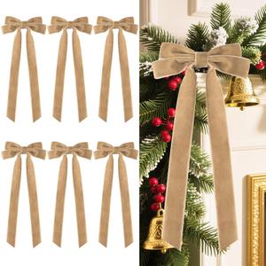 Senjie Velvet Large Christmas Bows for Staircase Garland Wreath, 20in x 8in Vintage Ribbon Bows with Twist Tie for Xmas Tree Holiday Indoor Outdoor Decorations (6Pcs, Khaki) (20 x 8 Inch, Width of 1.5")